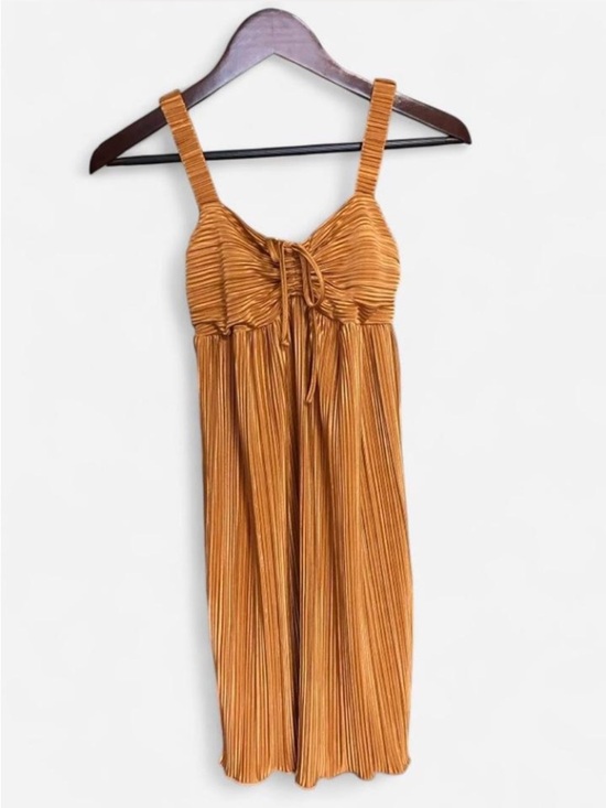 KIRIOUS LOS ANGELES Dresses & Skirts - Kirious LA Women’s Bronze Pleated Ruched Babydoll Mini Dress Tie Front Size S